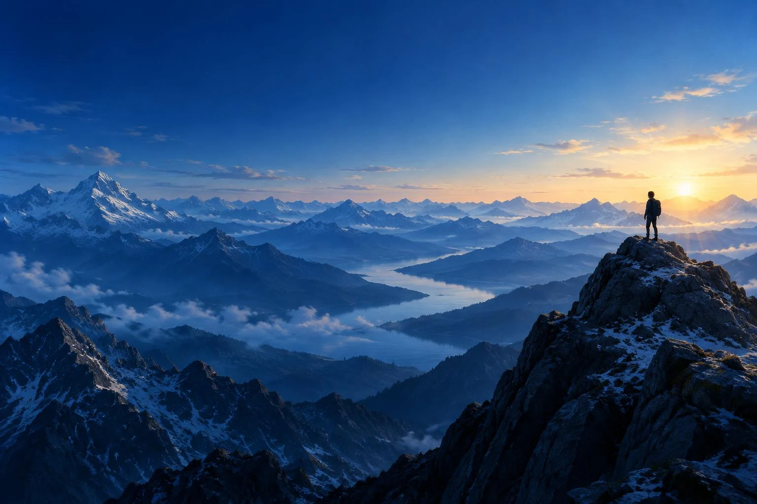 A learner standing at a blue mountain summit facing a hopeful sunrise