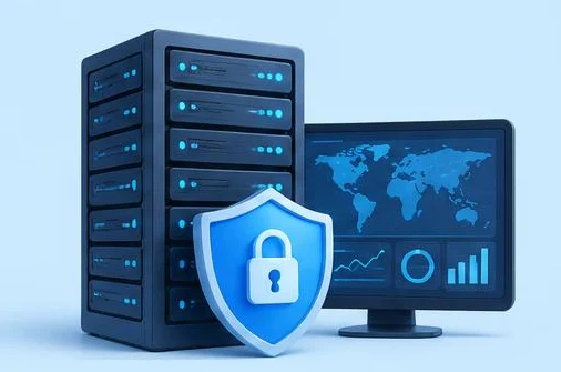 Servers, a shield, and a SOC monitoring screen