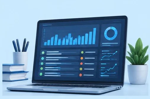 A log analytics laptop with charts and security event tables