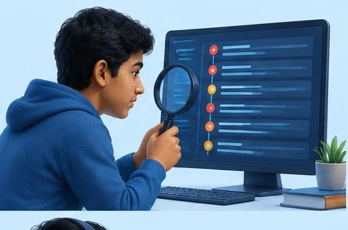 A security analyst inspecting an event timeline with a magnifying glass