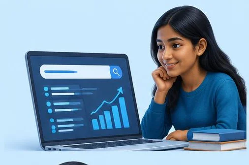 A learner using a search laptop with a rising skill-progress chart