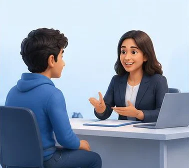 A student talking with an interviewer
