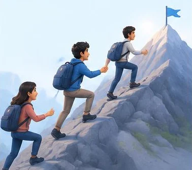 Students progressing along a mountain path