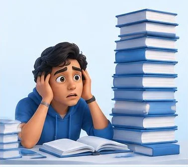 A learner surrounded by a tall stack of books