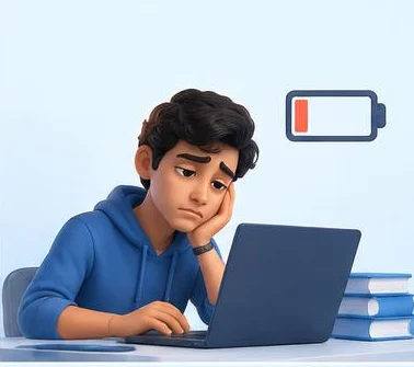 A student with a laptop and low battery symbol