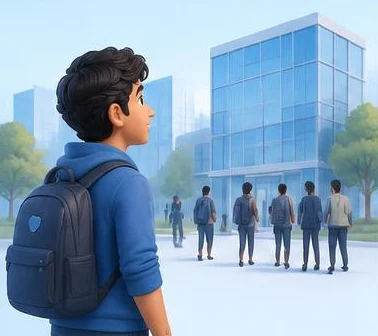 A graduate looking toward an office and professional team